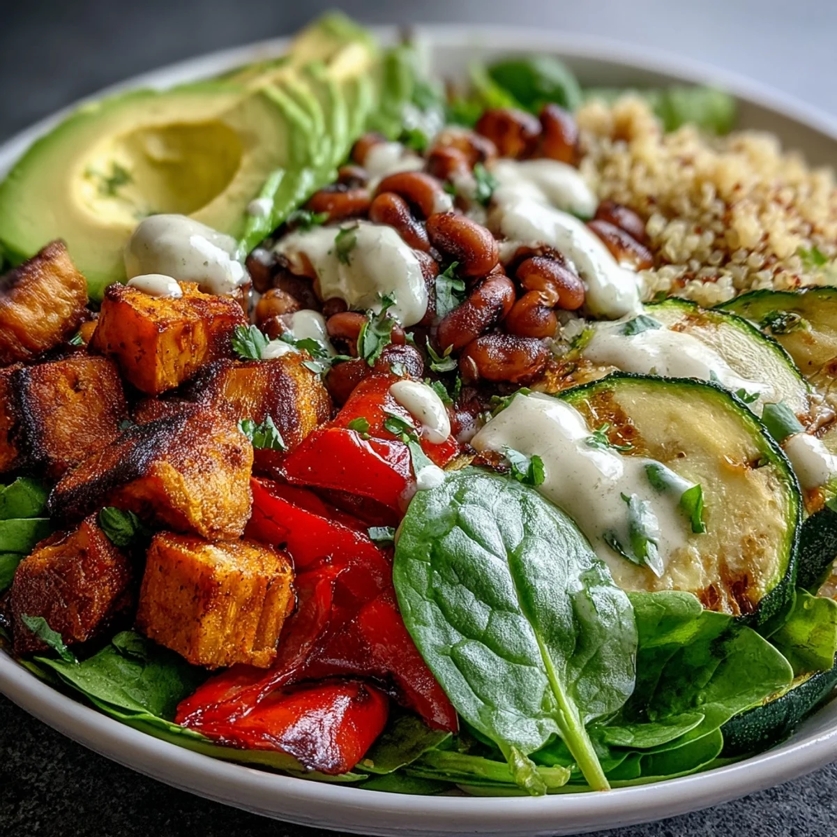 Drizzled with tahini dressing, this hearty Black-Eyed Pea Buddha Bowl is ready to serve on a rustic wooden table.