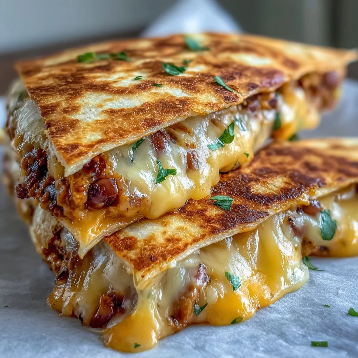 Golden-brown Black-Eyed Pea Quesadilla wedges with melted cheese and fresh cilantro on a plate.