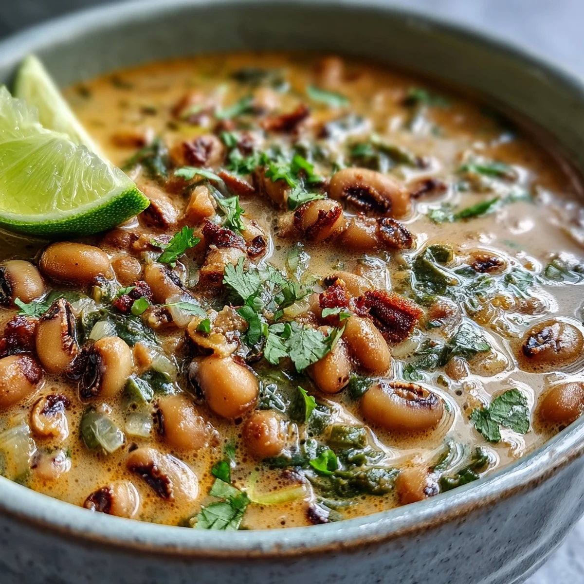 A vibrant spoonful of Black-Eyed Pea Curry revealing tender black-eyed peas and green peas in a rich, spiced tomato and coconut milk sauce.