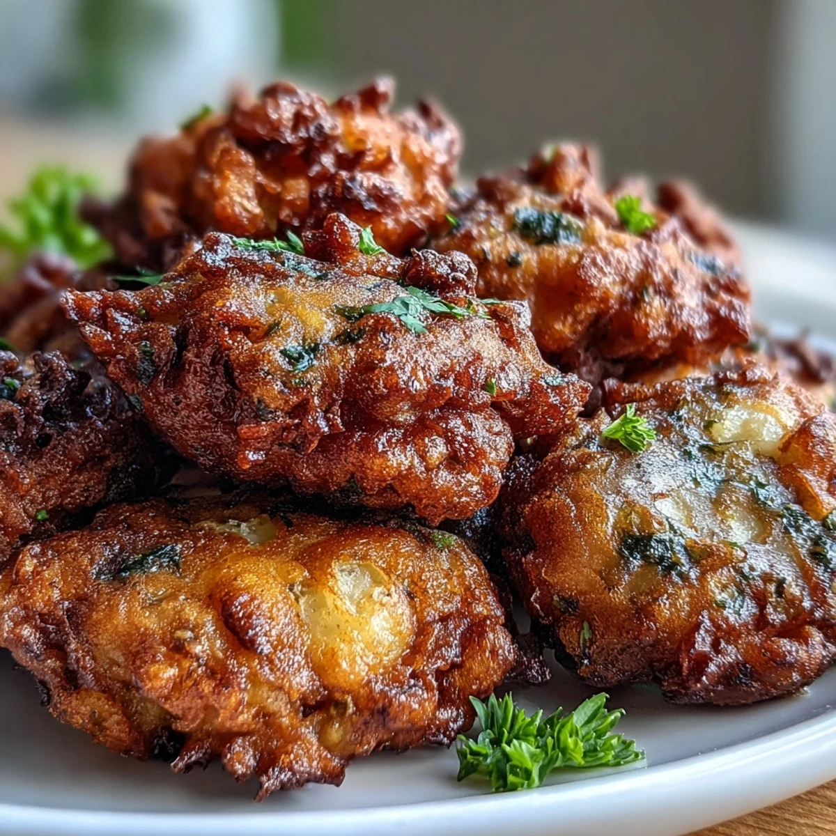 A close-up of Black-Eyed Pea Fritters highlights their golden texture, paired with fresh cilantro and a small bowl of dip.