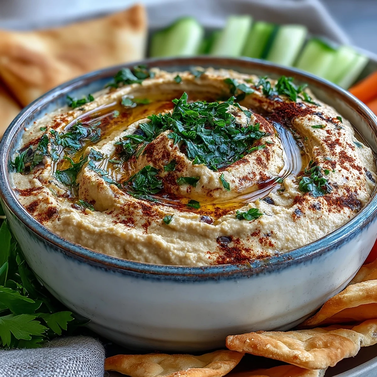 Creamy black-eyed pea hummus dip topped with smoked paprika and parsley, served with fresh vegetables and pita chips.