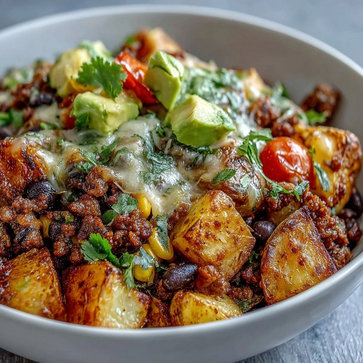 Golden brown crispy roasted potatoes form the base of the Loaded Potato Taco Bowl, topped with seasoned meat and melted cheddar.