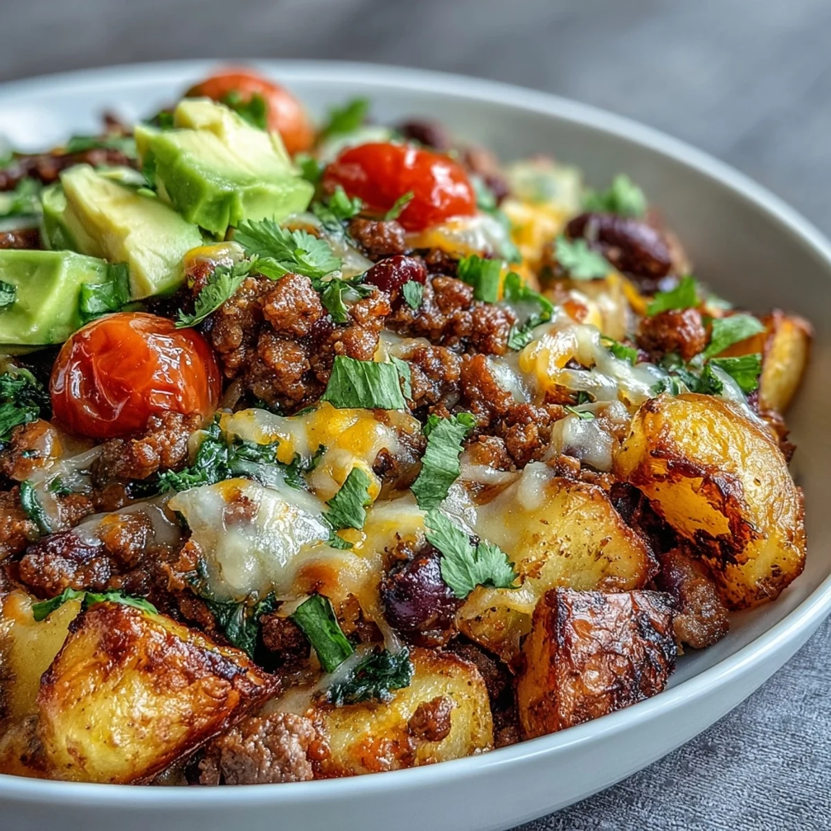 The Loaded Potato Taco Bowl served with sour cream and lime wedges, showcasing a hearty, colorful mix of ingredients.