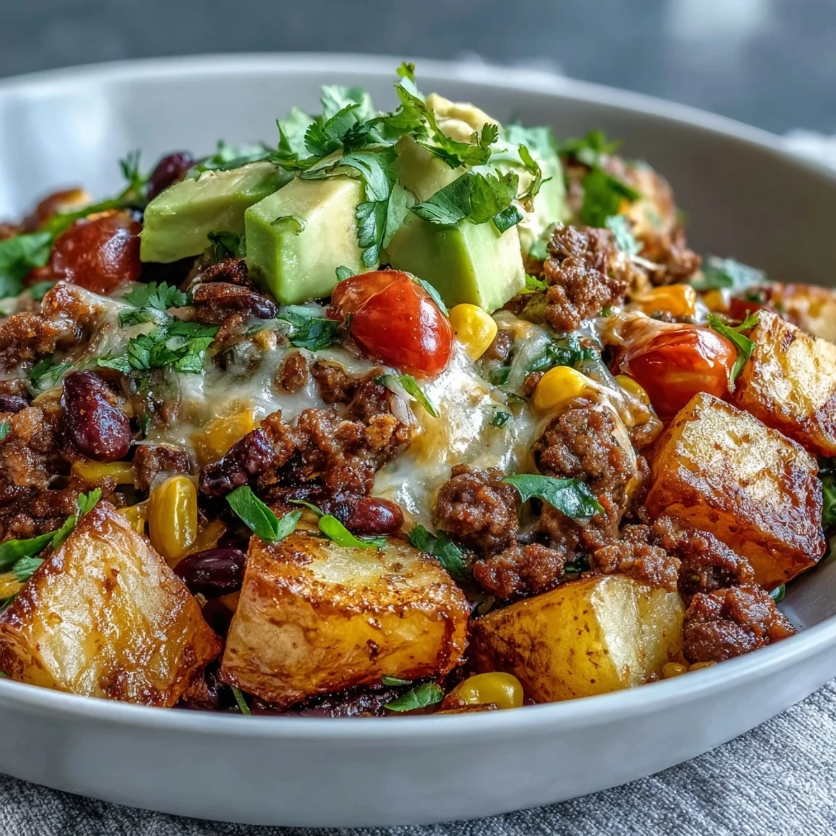 A close view of the Loaded Potato Taco Bowl featuring avocado, black beans, corn, and fresh cilantro on a rustic table.