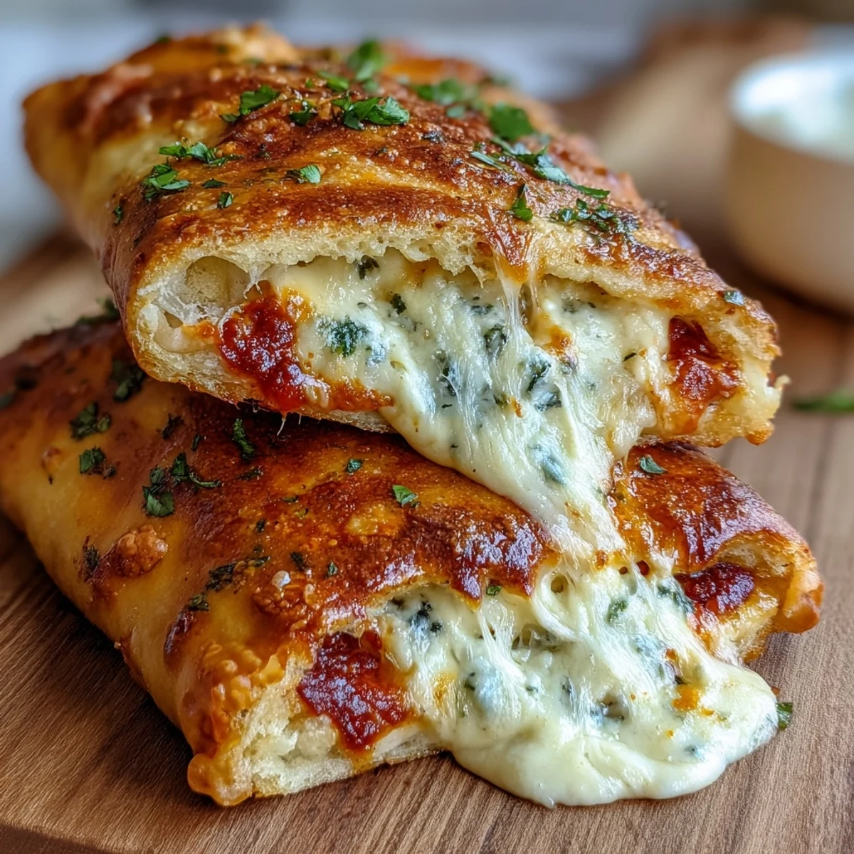 On a rustic wooden table, High Protein Pizza Hot Pockets are served beside a fresh green salad for a complete meal.