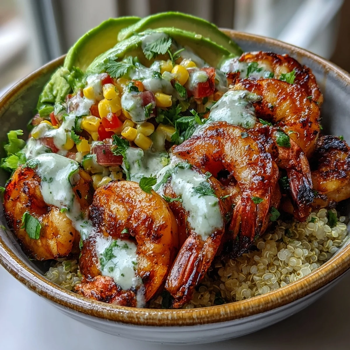Grilled Shrimp Bowl with avocado and vibrant corn salsa topped with creamy garlic sauce on fluffy rice.