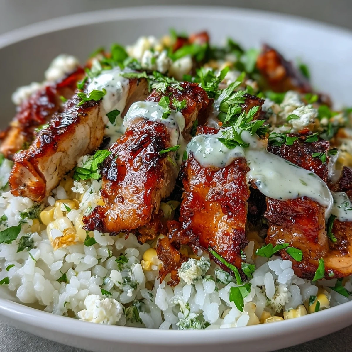 A generous drizzle of creamy tajín-lime sauce blankets the Street Corn Chicken Rice Bowl garnished with fresh cilantro.