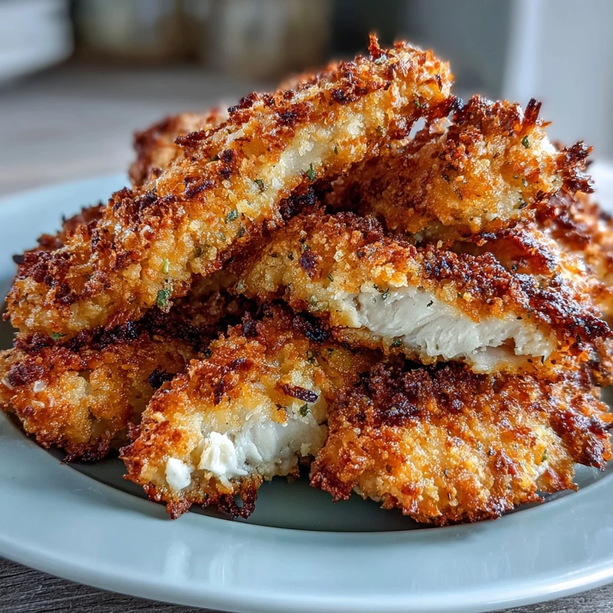 Golden Crispy Panko Ranch Chicken Tenders fresh from the oven, served on a platter with a side of creamy dip.