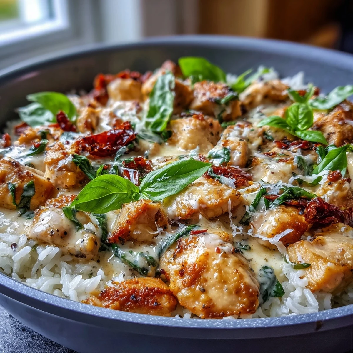 Creamy Tuscan Chicken Rice Skillet simmering in a deep pan, with golden chicken, spinach, and sun-dried tomatoes in a rich Parmesan sauce.