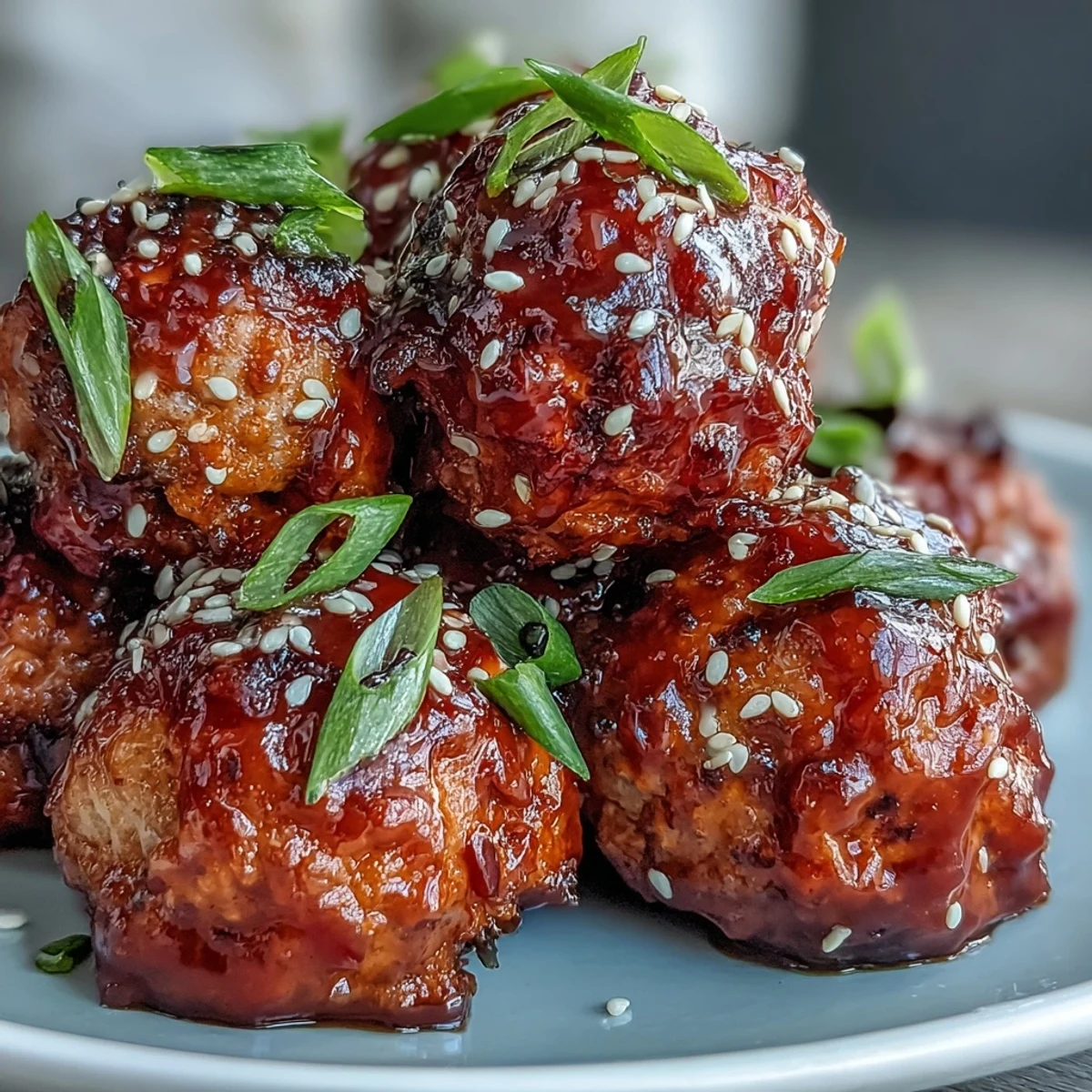Golden-brown Spicy Chili Honey Turkey Meatballs on a dark plate, glossy sweet and spicy glaze dripping, topped with fresh green onions and sesame seeds, served as a party appetizer.