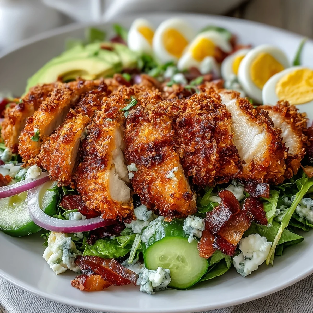 Freshly baked Parmesan Crusted Chicken tops a colorful Cobb salad with cherry tomatoes, hard-boiled eggs, and red onion.