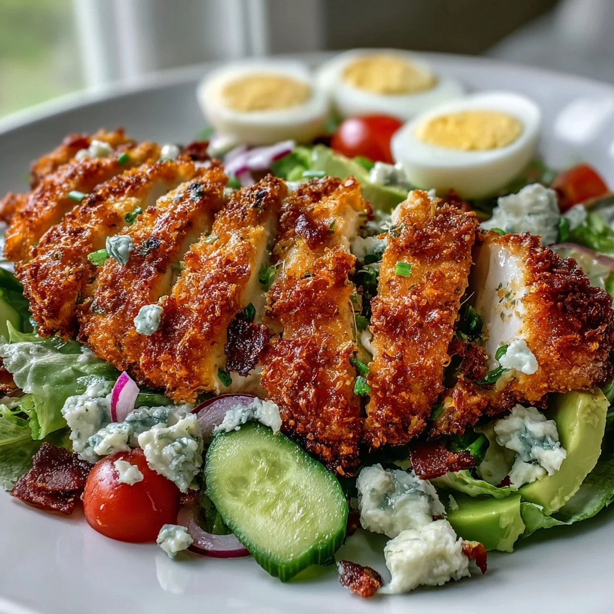 Juicy Parmesan Crusted Chicken served on a classic Cobb salad drizzled with tangy dressing, perfect for a satisfying meal.