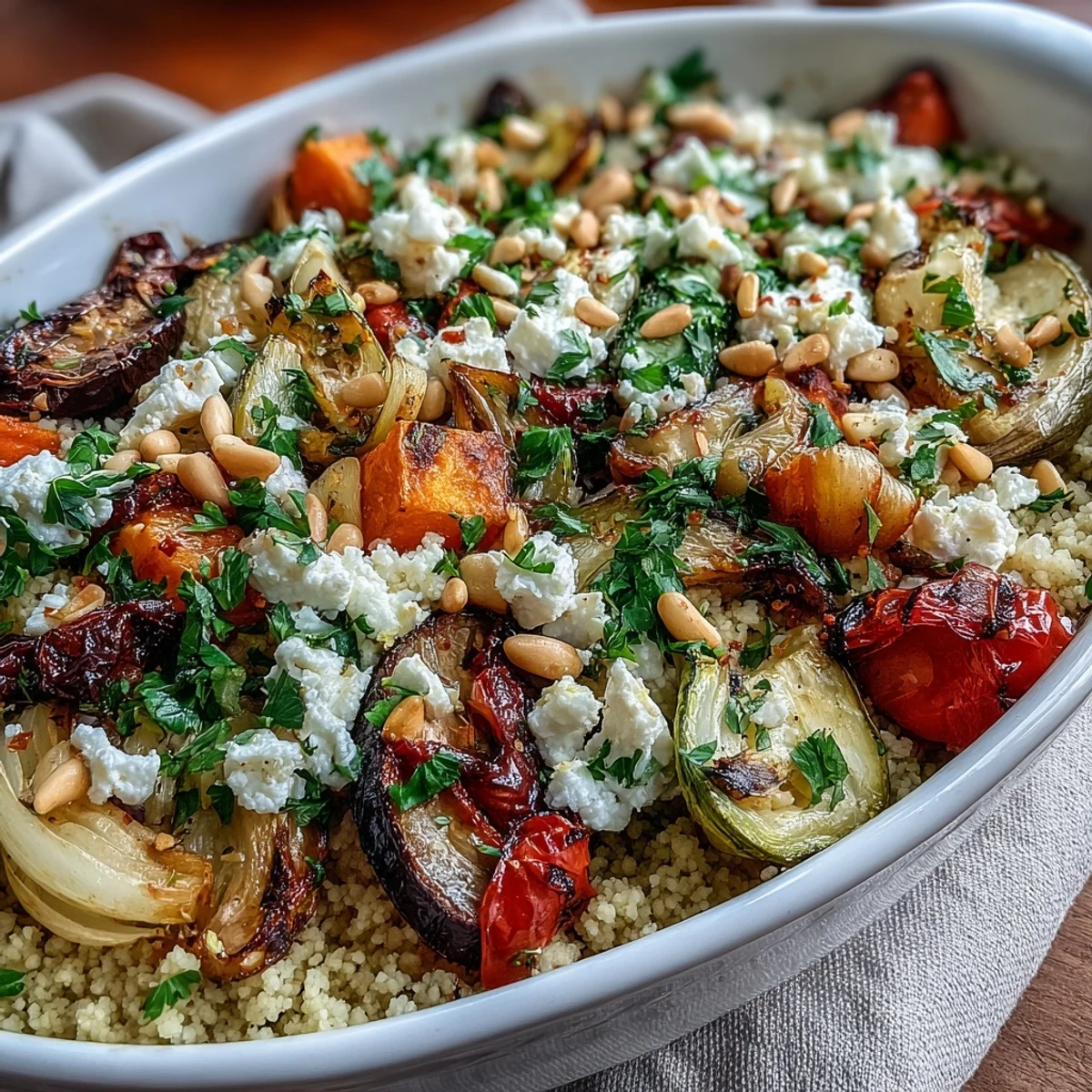 Crisp-tender eggplant and peppers pair with zesty lemon couscous in a casserole.