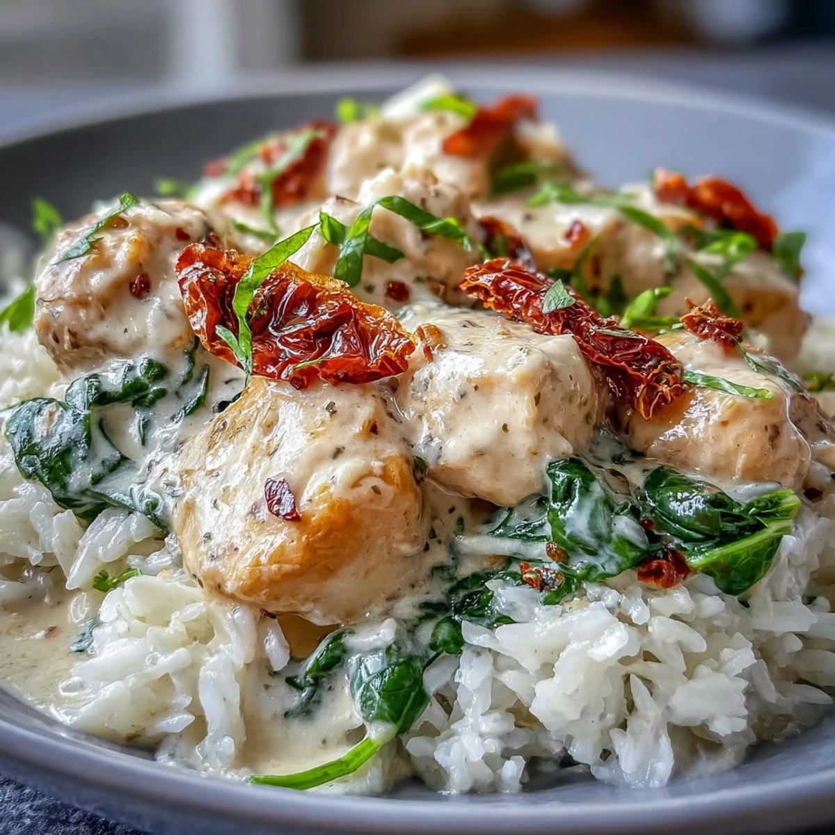 Fork-tender chicken pieces and wilted spinach in a rich Parmesan cream sauce fill this one-pan Tuscan skillet. Fluffy rice and sun-dried tomatoes complete this hearty main dish.
