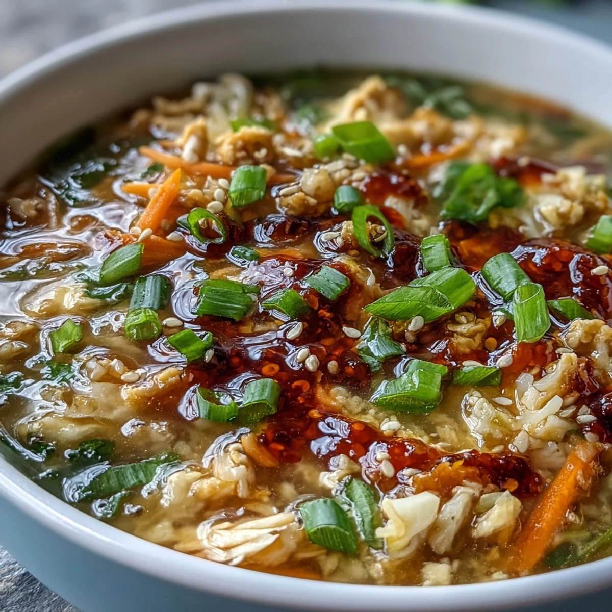 Close-up of savory Egg Roll Soup featuring ground chicken, shredded cabbage, and carrots in rich broth.