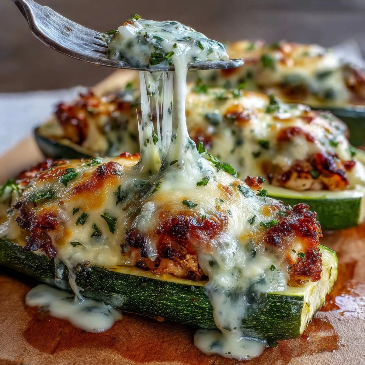 Freshly baked Keto Creamy Garlic Chicken Zucchini Boats with melted cheese and creamy garlic sauce on a rustic plate.