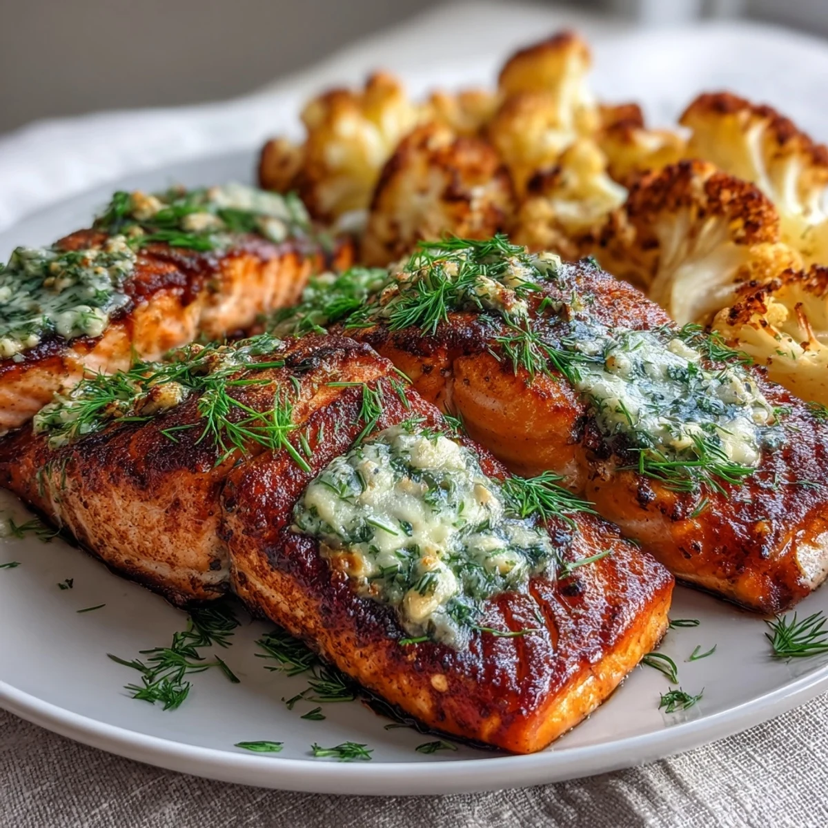 Freshly baked Keto Herb Butter Salmon with roasted cauliflower, garnished with lemon wedges and chopped herbs on a rustic wooden table.
