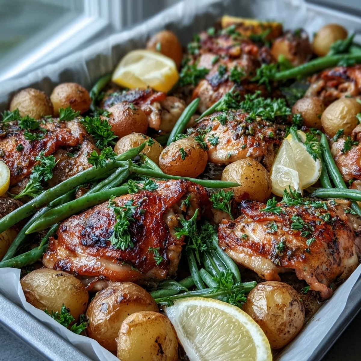 Sheet Pan Lemon Garlic Chicken with roasted potatoes and green beans, garnished with fresh parsley and lemon wedges for a vibrant dinner.