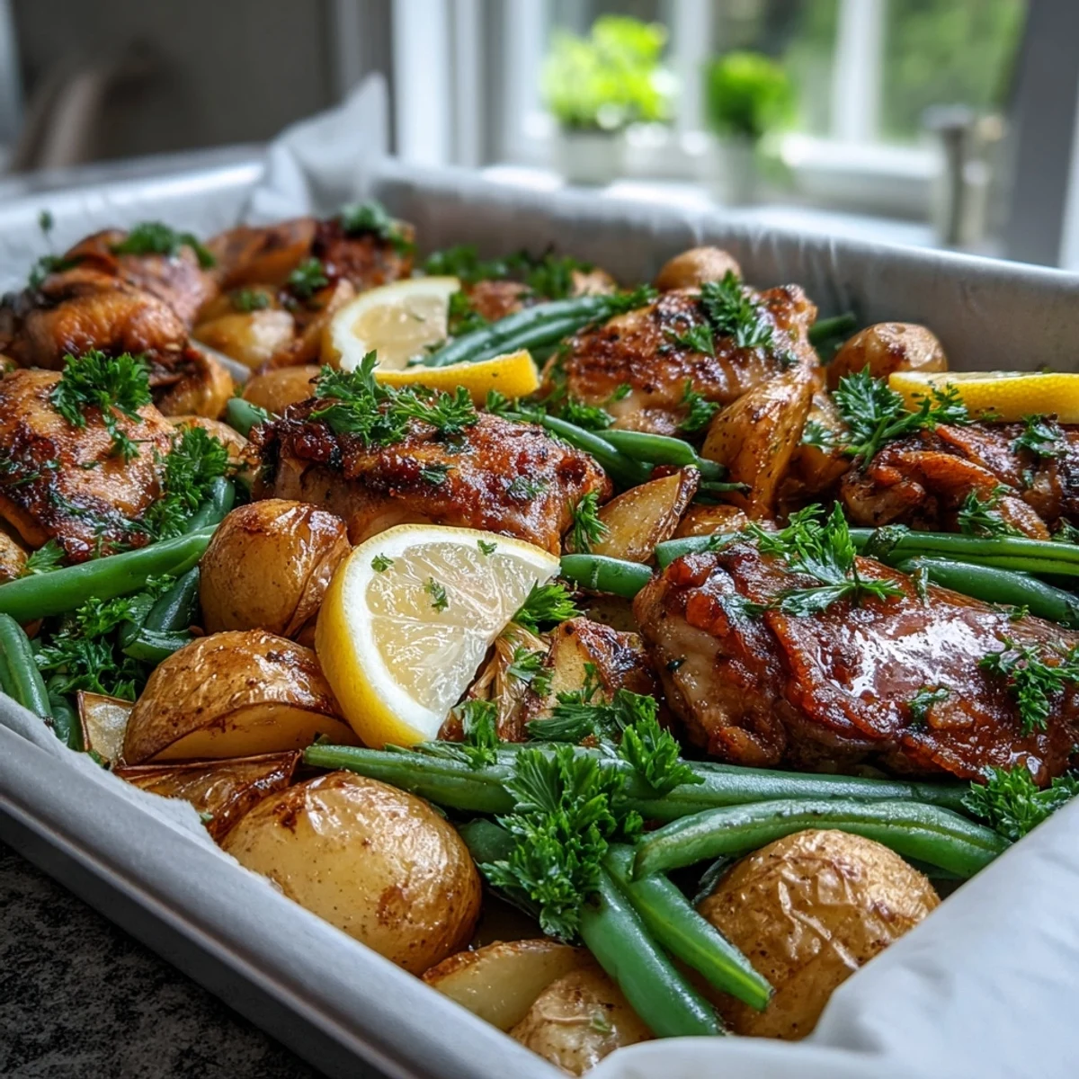 Perfectly roasted Sheet Pan Lemon Garlic Chicken alongside golden potatoes and crisp-tender green beans, fresh from the oven.