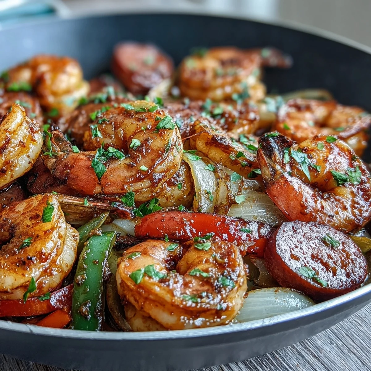 A close-up of Keto Cajun Shrimp and Sausage Skillet, garnished with parsley and served with fresh lemon wedges.
