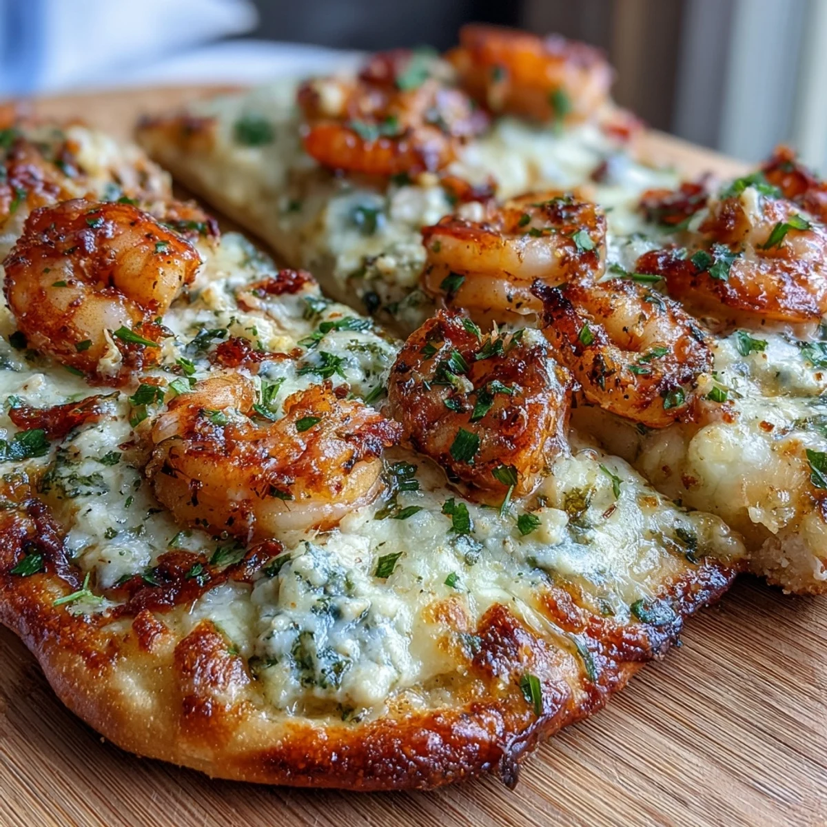 Sizzling garlic butter shrimp and melted mozzarella top warm naan bread for Garlic Butter Shrimp Naan Pizzas, garnished with fresh parsley.