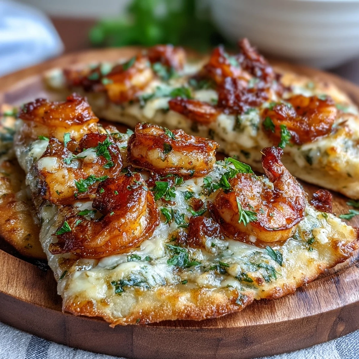 Golden Garlic Butter Shrimp Naan Pizzas, a fusion dinner, feature bubbling mozzarella on chewy naan, served hot on a rustic wooden board.