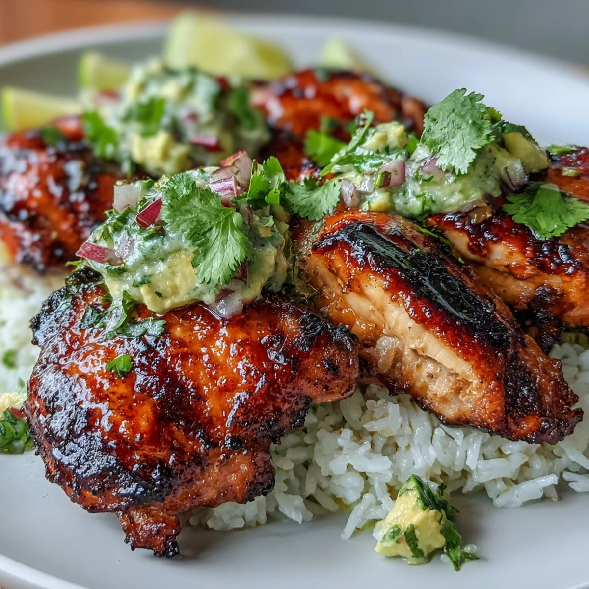 A vibrant stack of honey-lime grilled chicken layered over jasmine rice with creamy avocado-cilantro salsa. Tangy and sweet flavors make this a colorful dinner centerpiece.