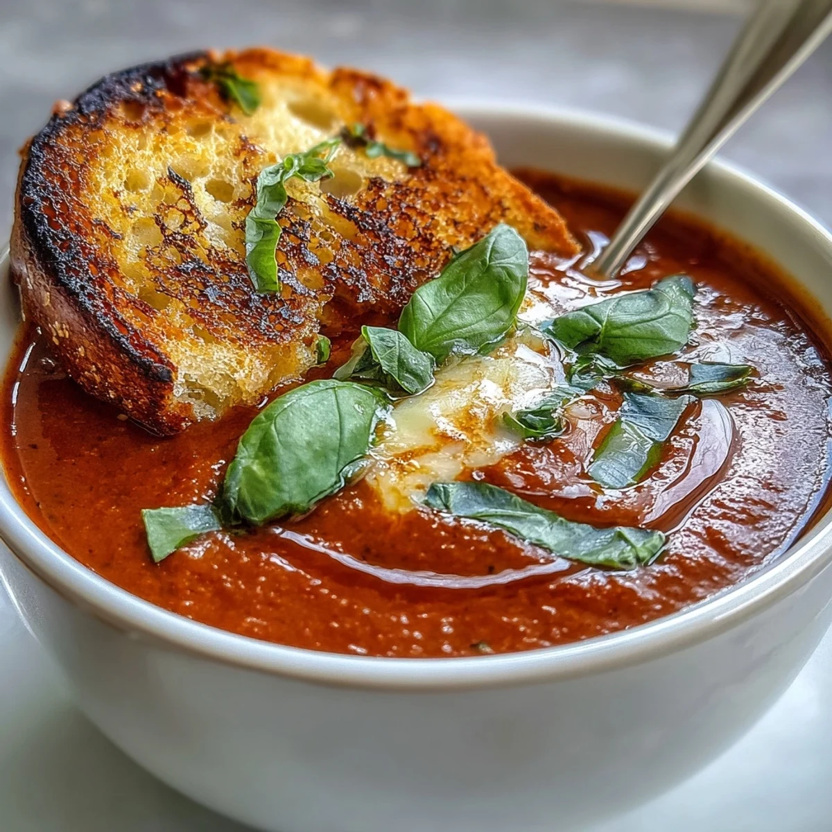 Vegan creamy tomato basil soup with garlic sourdough dippers in a white bowl, garnished with fresh basil leaves.  