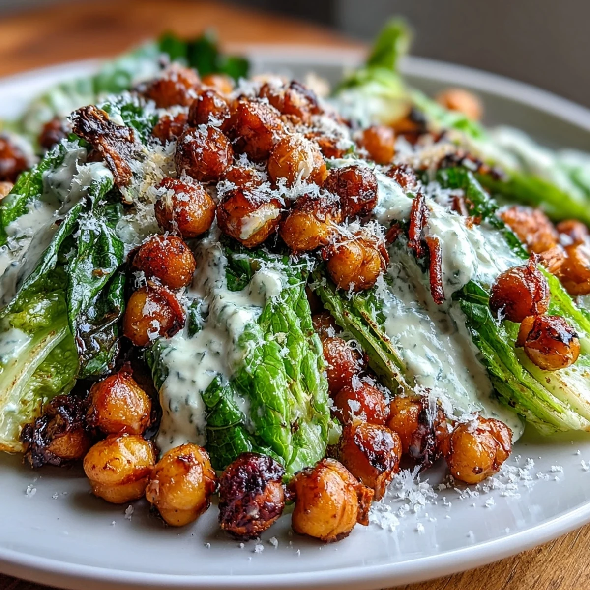 A colorful vegan Caesar salad with crispy roasted chickpeas, creamy cashew dressing, and fresh romaine lettuce for a healthy, plant-based meal.