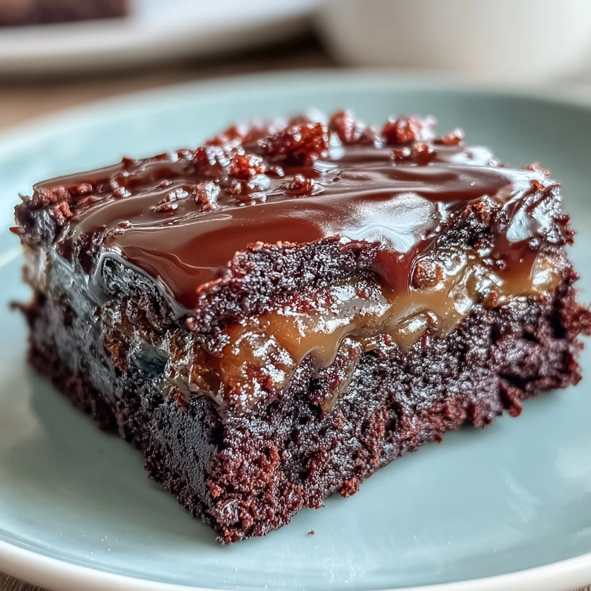 Rich miso caramel brownies with glossy chocolate top and gooey caramel swirls, a perfect balance of sweet and savory in every bite.