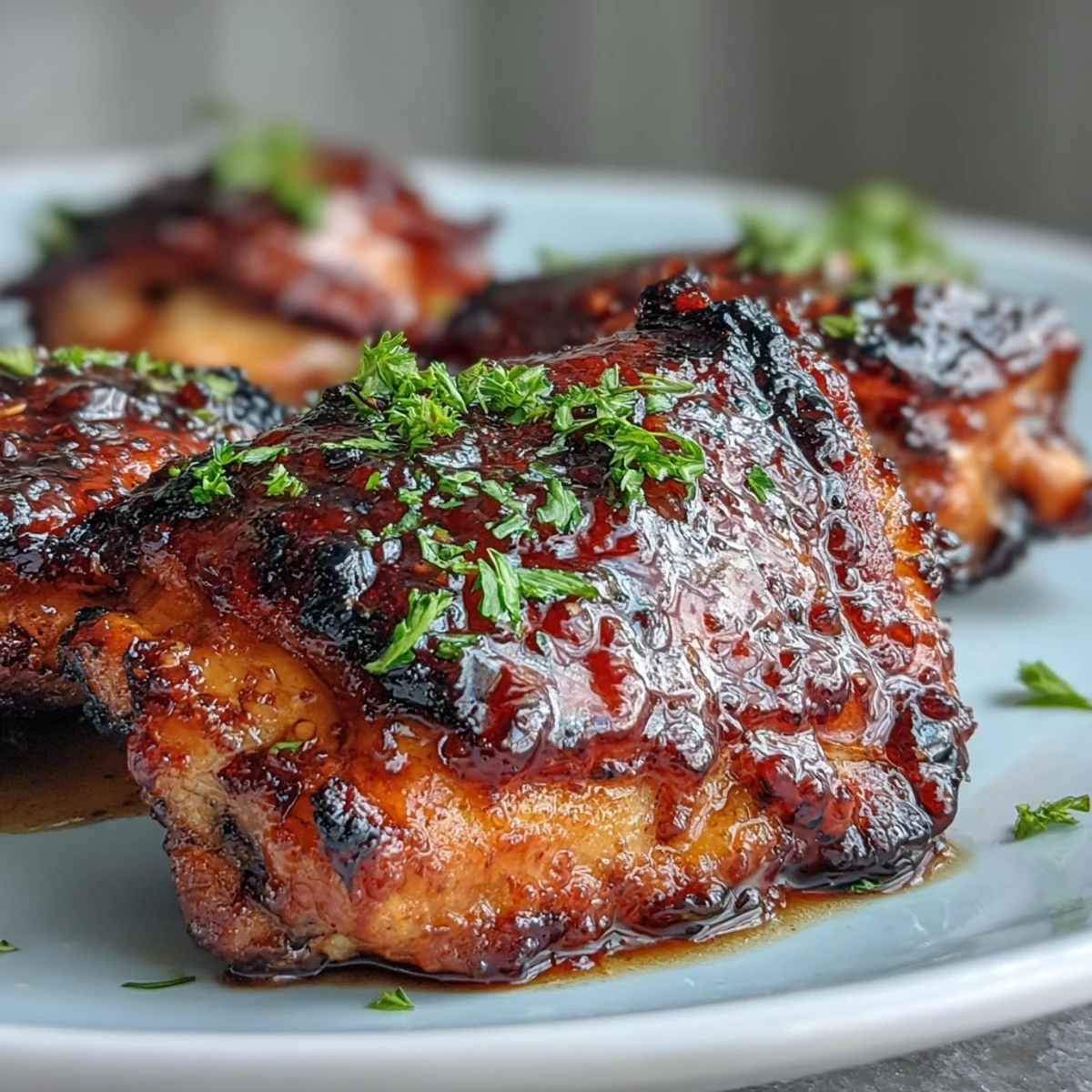 2. Roasted chicken thighs coated in sweet-spicy chili jam glaze, garnished with fresh cilantro and sesame seeds for extra flavor.  