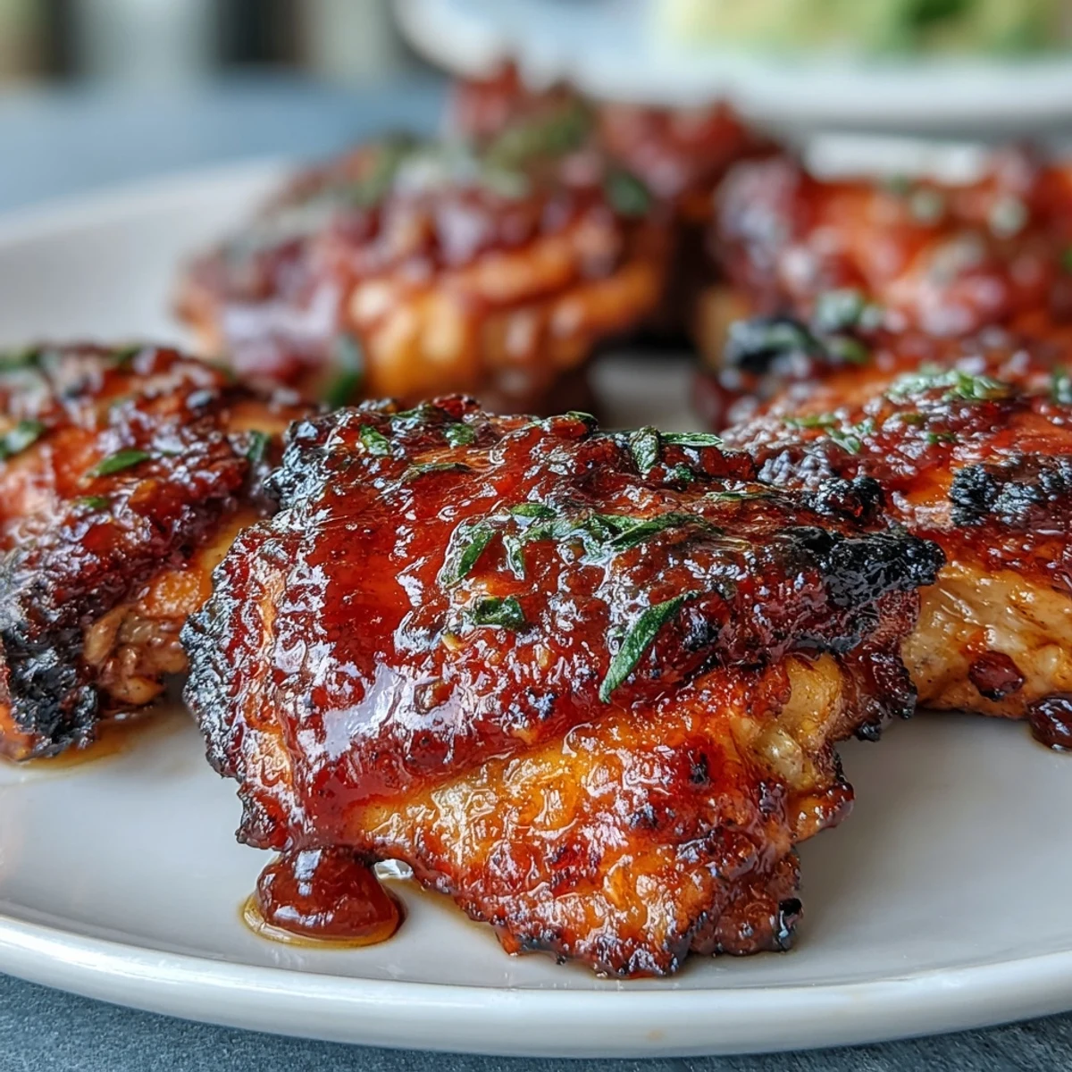 3. Golden-brown chili jam chicken thighs with a glossy glaze, perfect for a flavorful weeknight dinner or casual gathering.