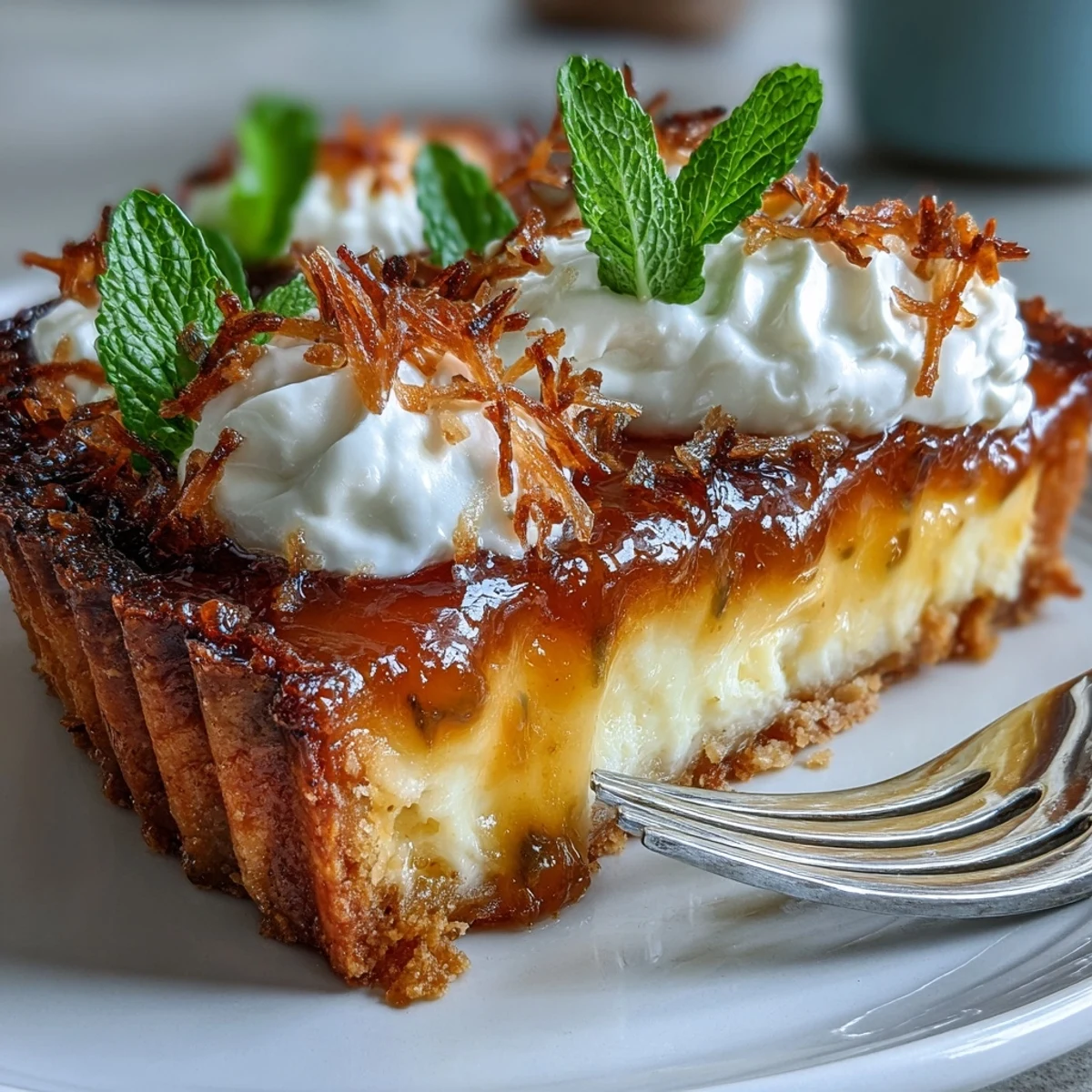 Buttery phyllo pastry shell filled with vibrant passionfruit curd, garnished with clouds of whipped cream and a sprig of mint.