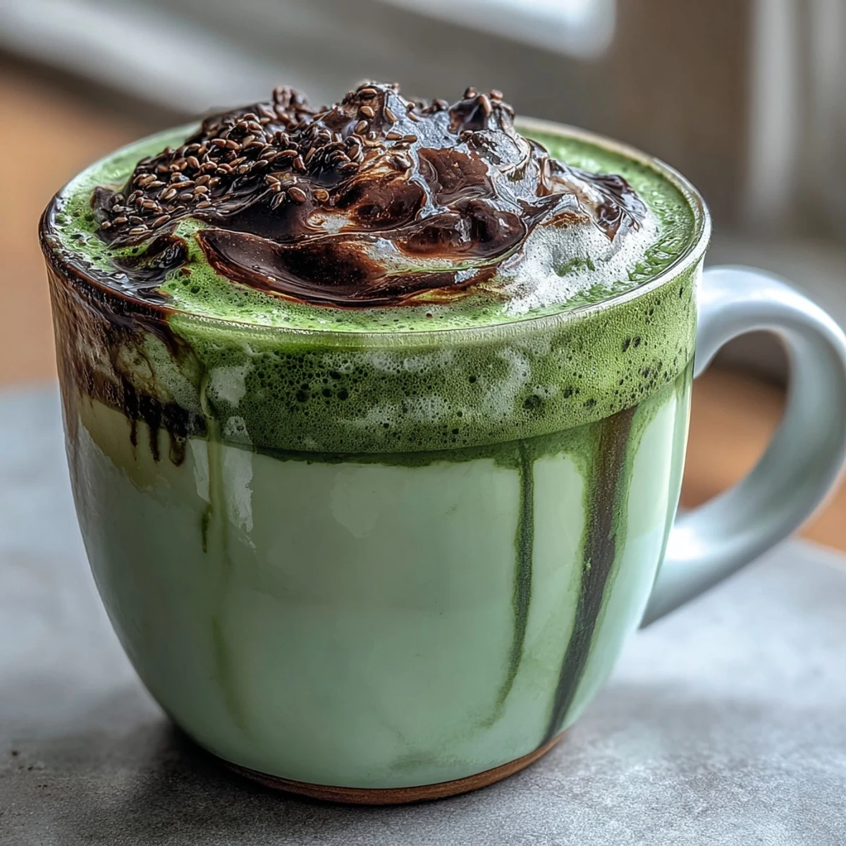 A creamy black sesame matcha latte served in a white ceramic mug with a marbled swirl of black sesame paste and vibrant green matcha.