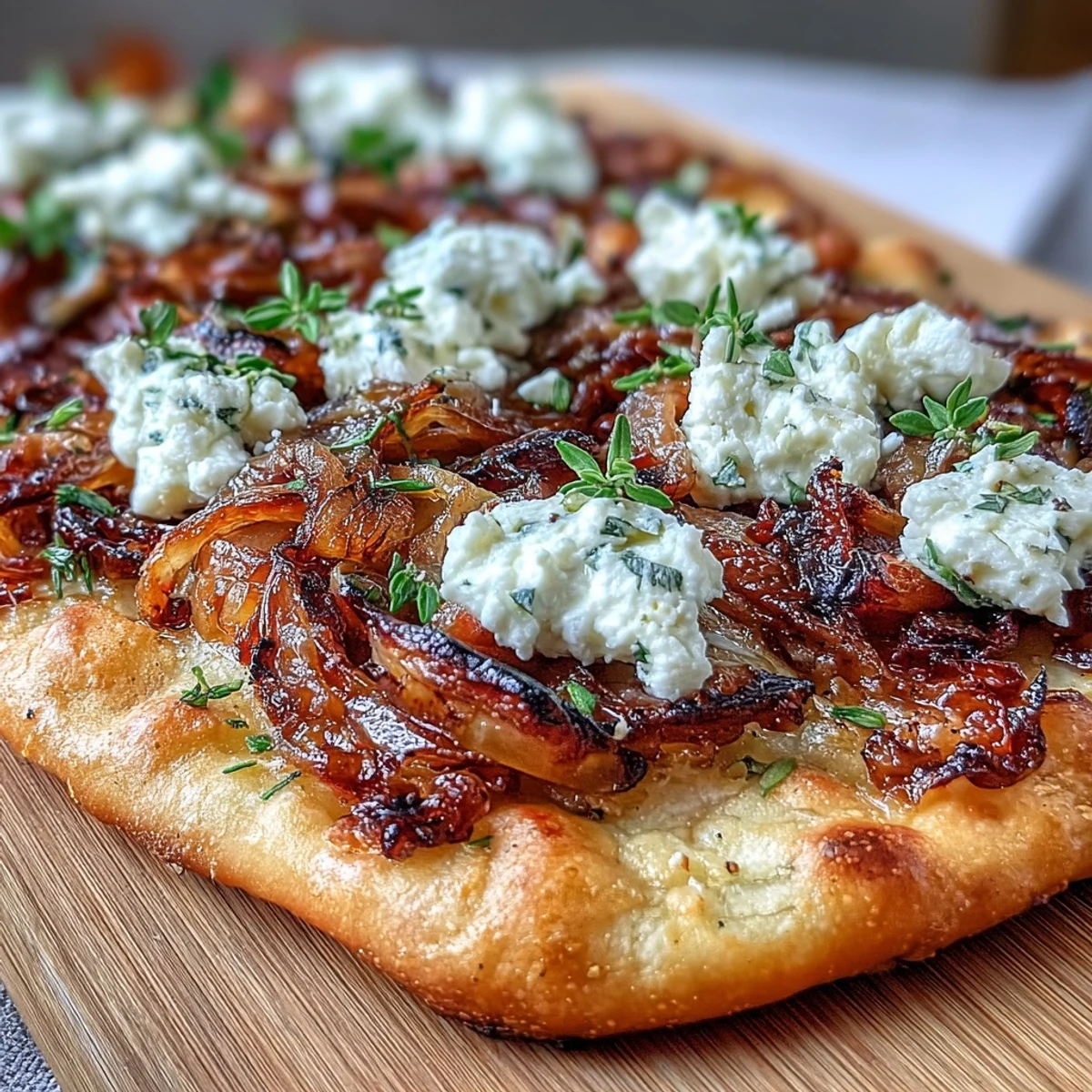 Golden baked flatbread with layers of rich caramelized onions, tangy goat cheese crumbles, and aromatic thyme leaves for a vegetarian main dish.  