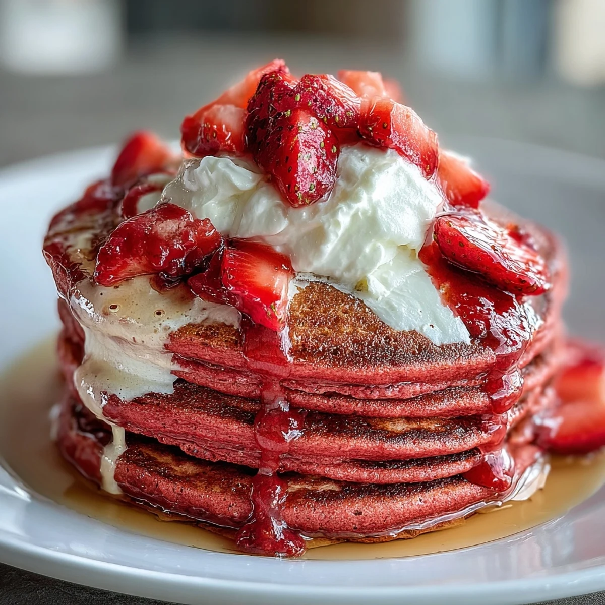 Fluffy pink pancakes with beetroot and strawberry compote, perfect for a Galentine's brunch with friends.