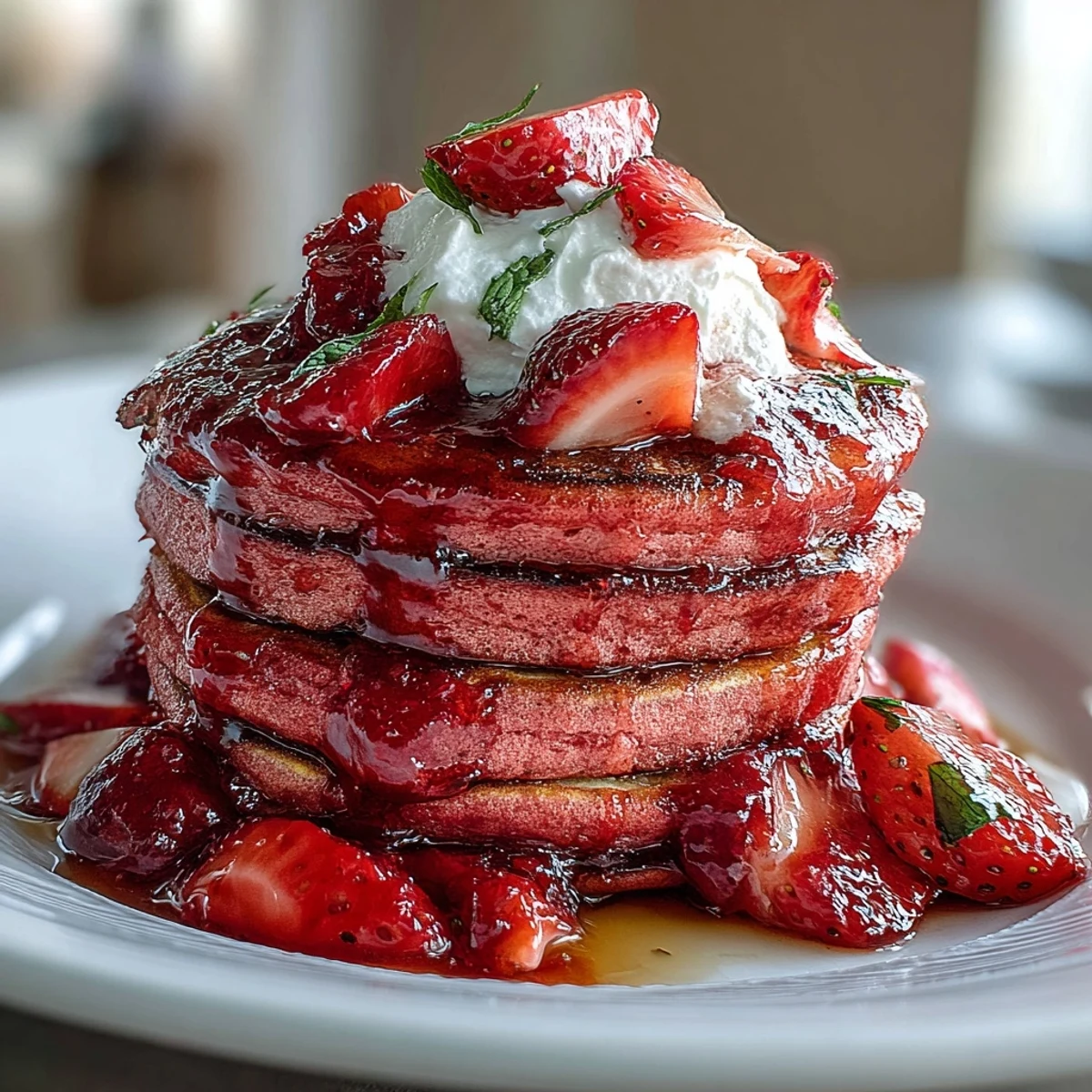 Golden-pink pancakes served with luscious strawberry sauce and sliced berries, a delightful vegetarian brunch treat.