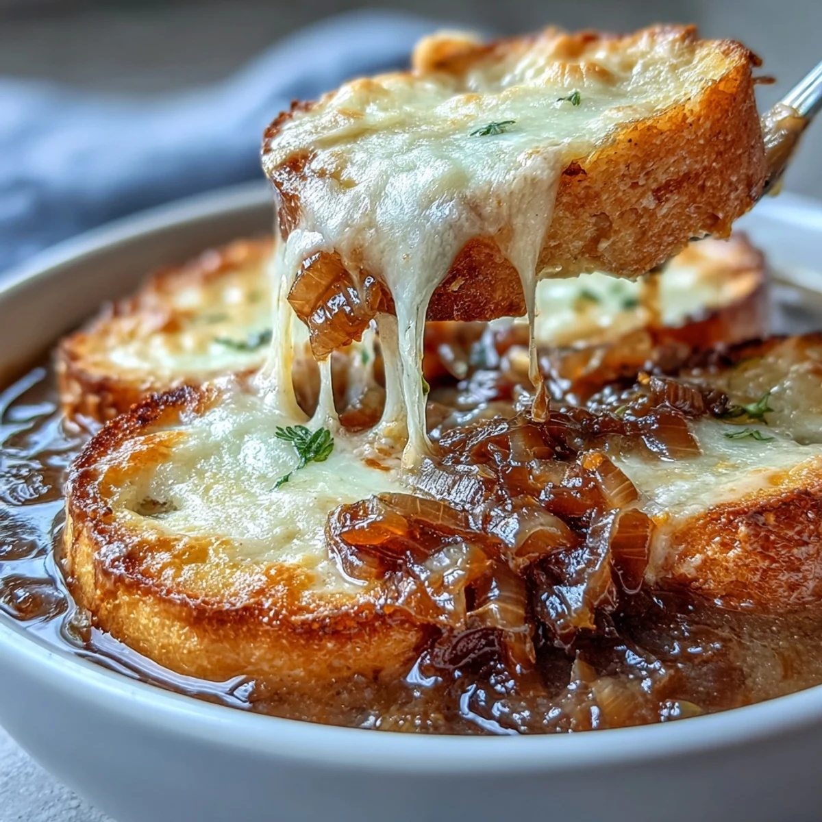 Hearty French onion soup featuring deeply caramelized onions, savory broth, and cheesy sourdough crostini, perfect for cozy winter meals.  
