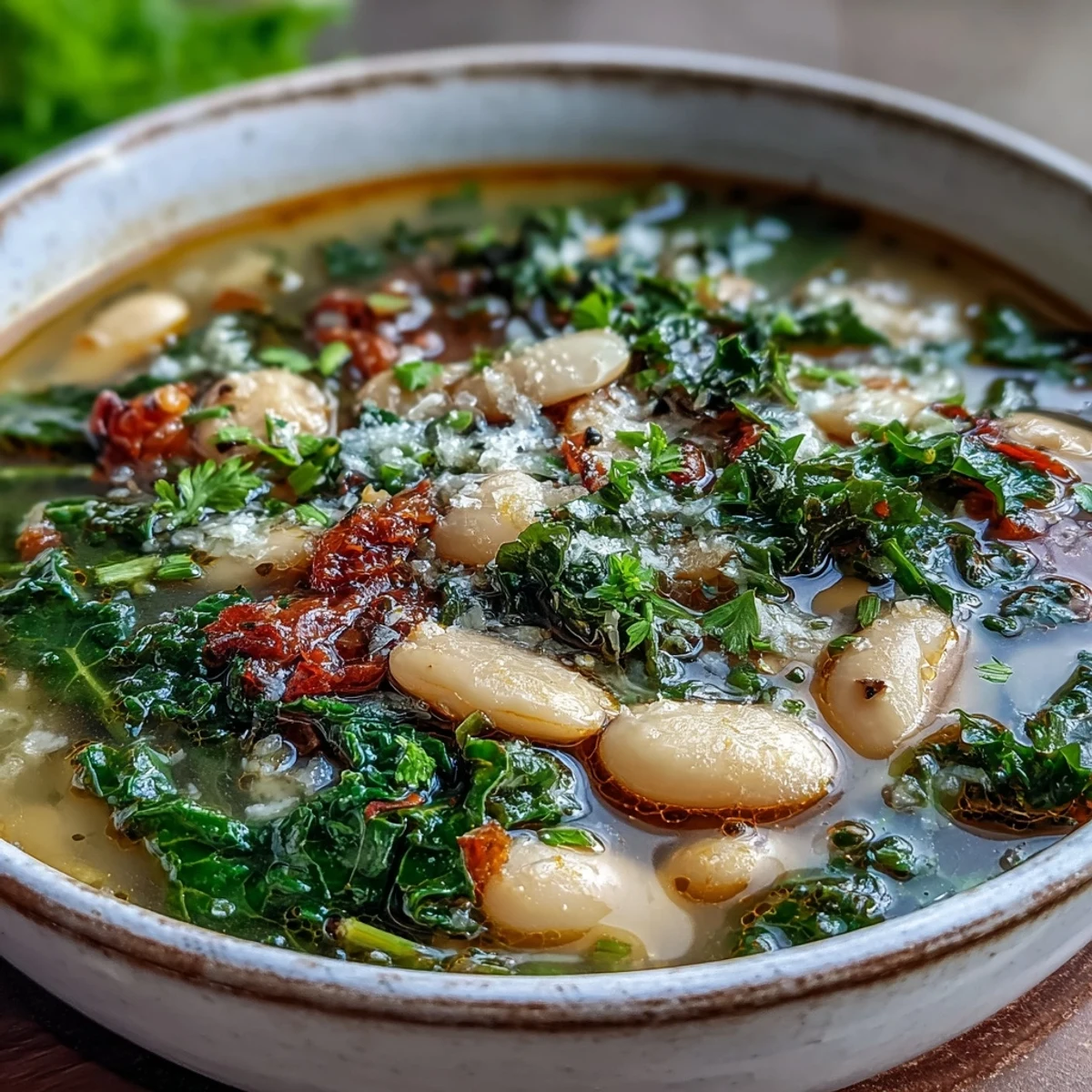 Hearty vegetarian soup featuring white beans, kale, and aromatic herbs, finished with a drizzle of olive oil and Parmesan.