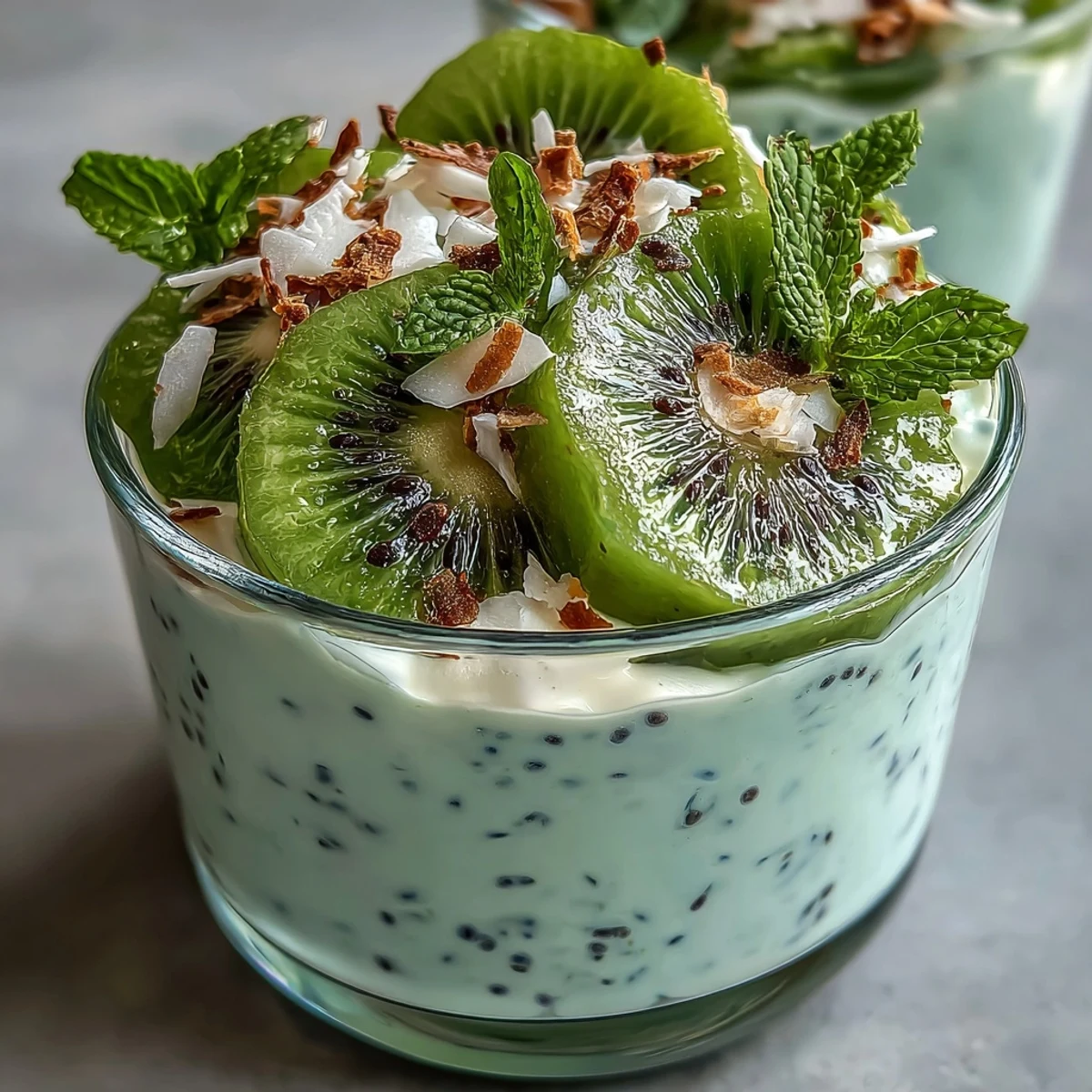 Vibrant kiwi and lime chia pudding cups with creamy coconut base and fresh fruit topping.  
