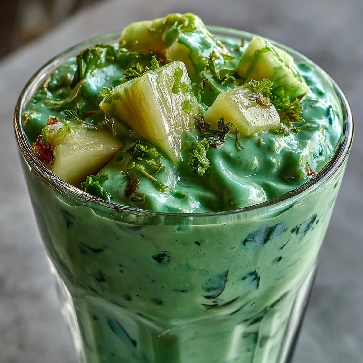 A refreshing green shamrock smoothie blending tropical pineapple, baby spinach, and banana for a nutritious boost.