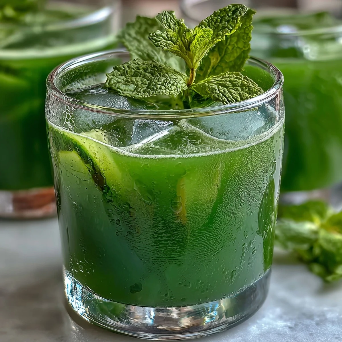 A vibrant glass of cucumber, apple, and ginger detox juice with fresh mint garnish.  