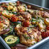 Colorful sheet pan chicken with zucchini and corn, featuring tender vegetables and savory spices in one easy dish.  