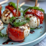 Juicy cherry tomato, mozzarella, and basil skewers, glistening with sweet balsamic glaze.