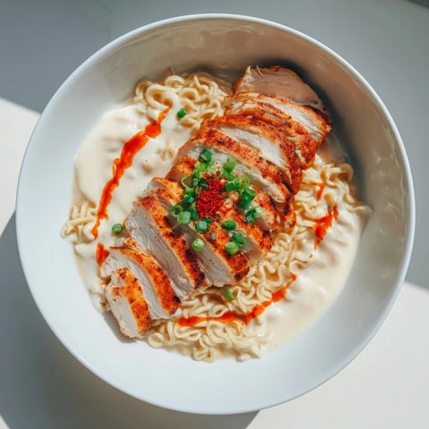 Steaming bowl of Fiery Chicken Ramen showcasing tender chicken slices and vibrant green onions atop creamy broth.