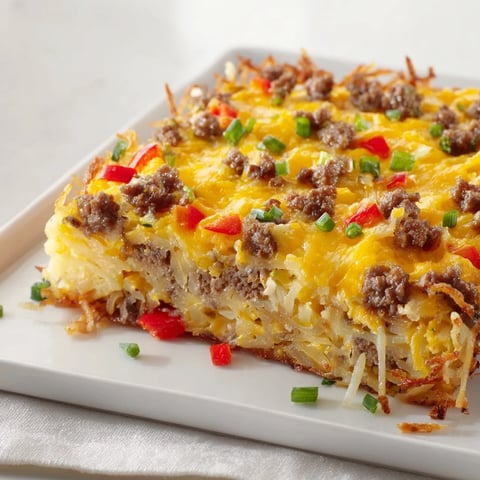 Golden-brown Quick Christmas Morning Hash Brown Bake, topped with bubbly cheese and savory sausage crumbles.
