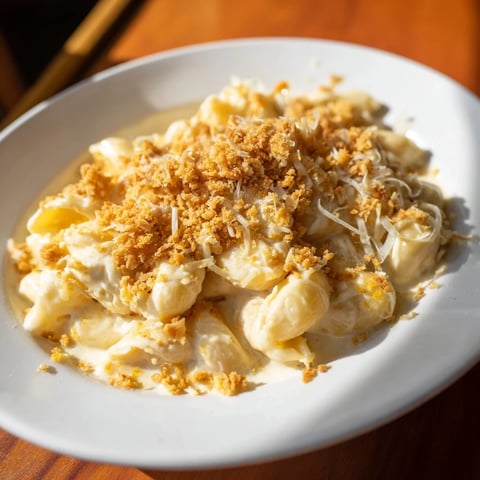 A close-up of Easy Tinis Mac & Cheese shows a creamy, cheesy, golden-brown perfection.