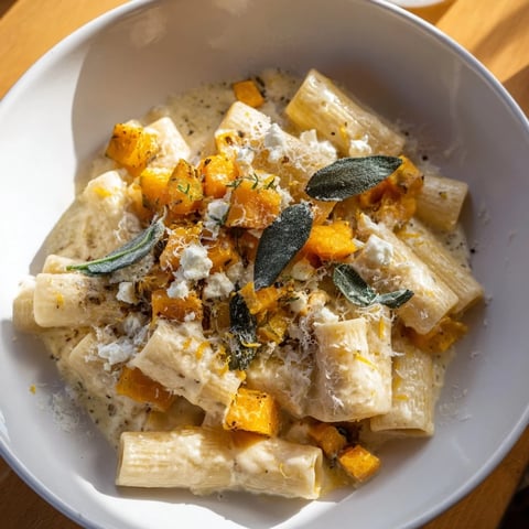 Golden roasted butternut squash and sage goat cheese pasta, ready for a comforting bite.