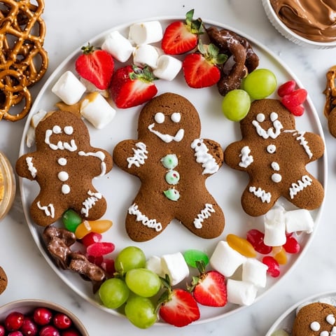 A colorful Gingerbread Man Cookie Board, piled high with festive treats and fresh fruit for the holidays.