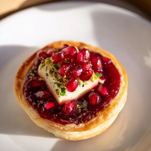 Golden, flaky Fireworks Brie Tartlets are topped with glistening preserves and fresh garnishes.